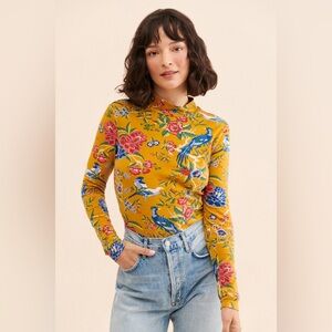 Maeve Anthropologie Small Mustard Yellow Floral Birds Peacock XS turtleneck